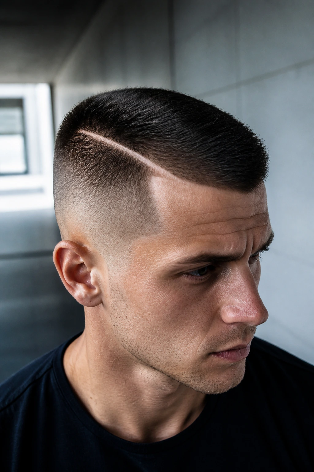 Close-up portrait of a man with a hard part crew cut in a minimalist hallway