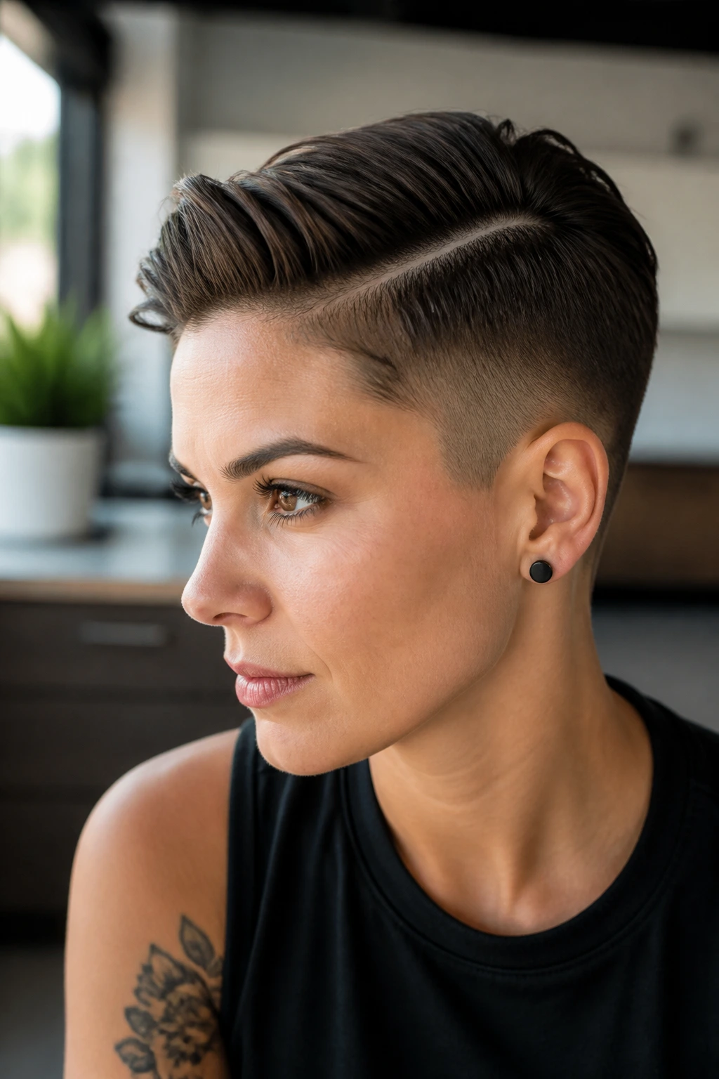 Close-up of a real woman with a hard part crop hairstyle and carved line