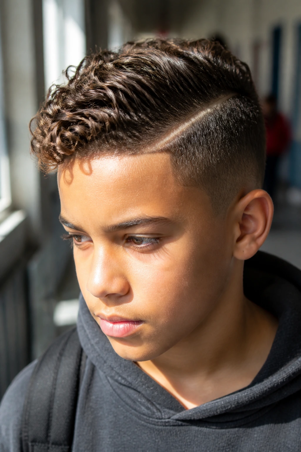 Close-up portrait of a schoolboy with a crisp hard part and curly top