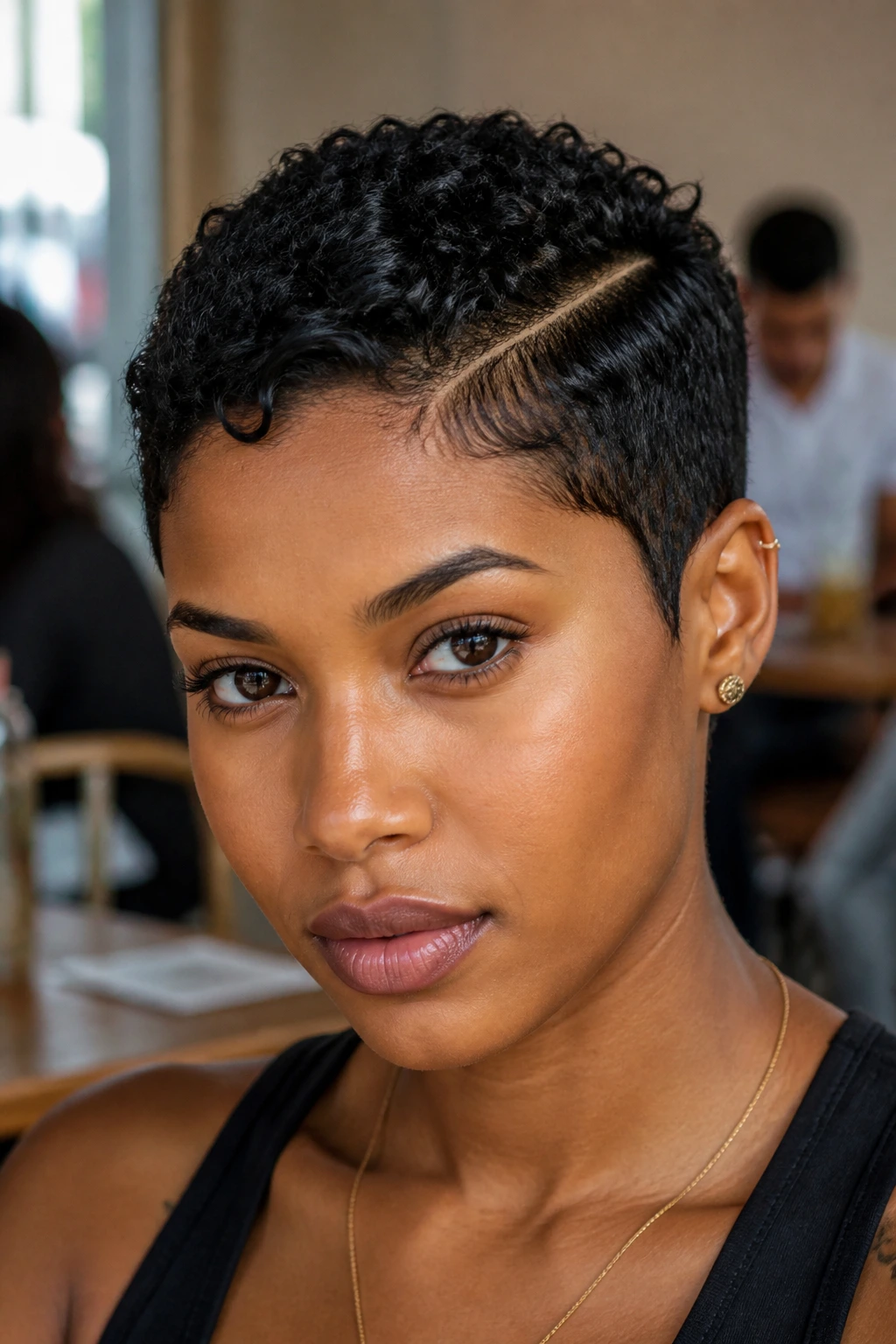 Close-up portrait of a real person with a hard part curly crop and bold part line.