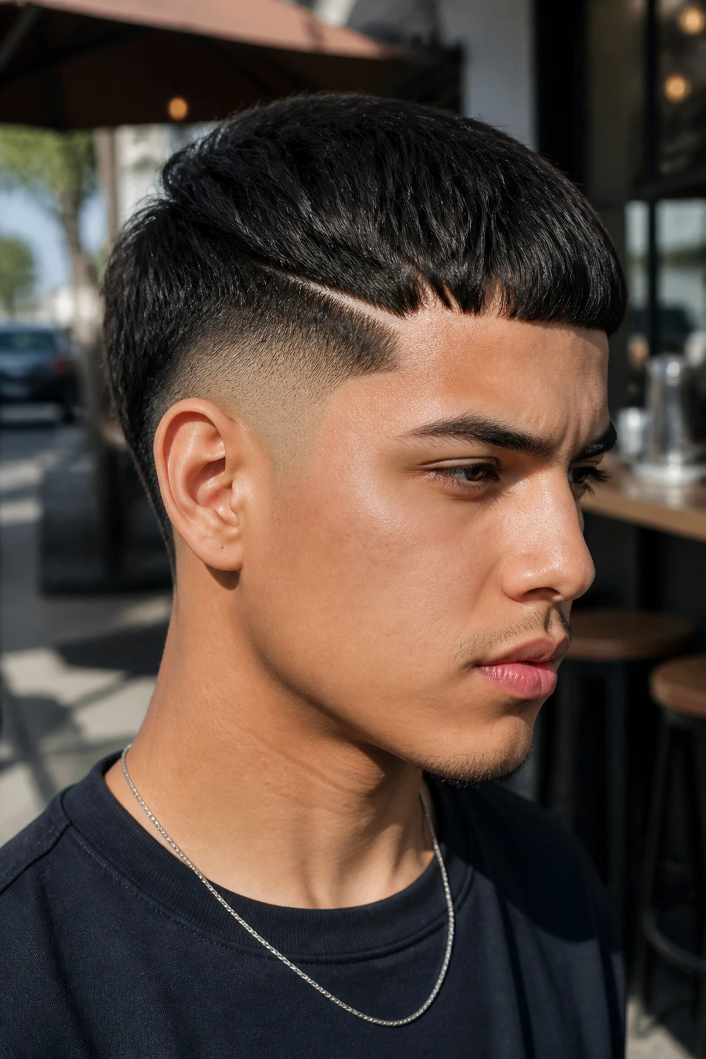 Portrait of a man with Hard Part Edgar Cut, sharp shaved line and forward fringe.