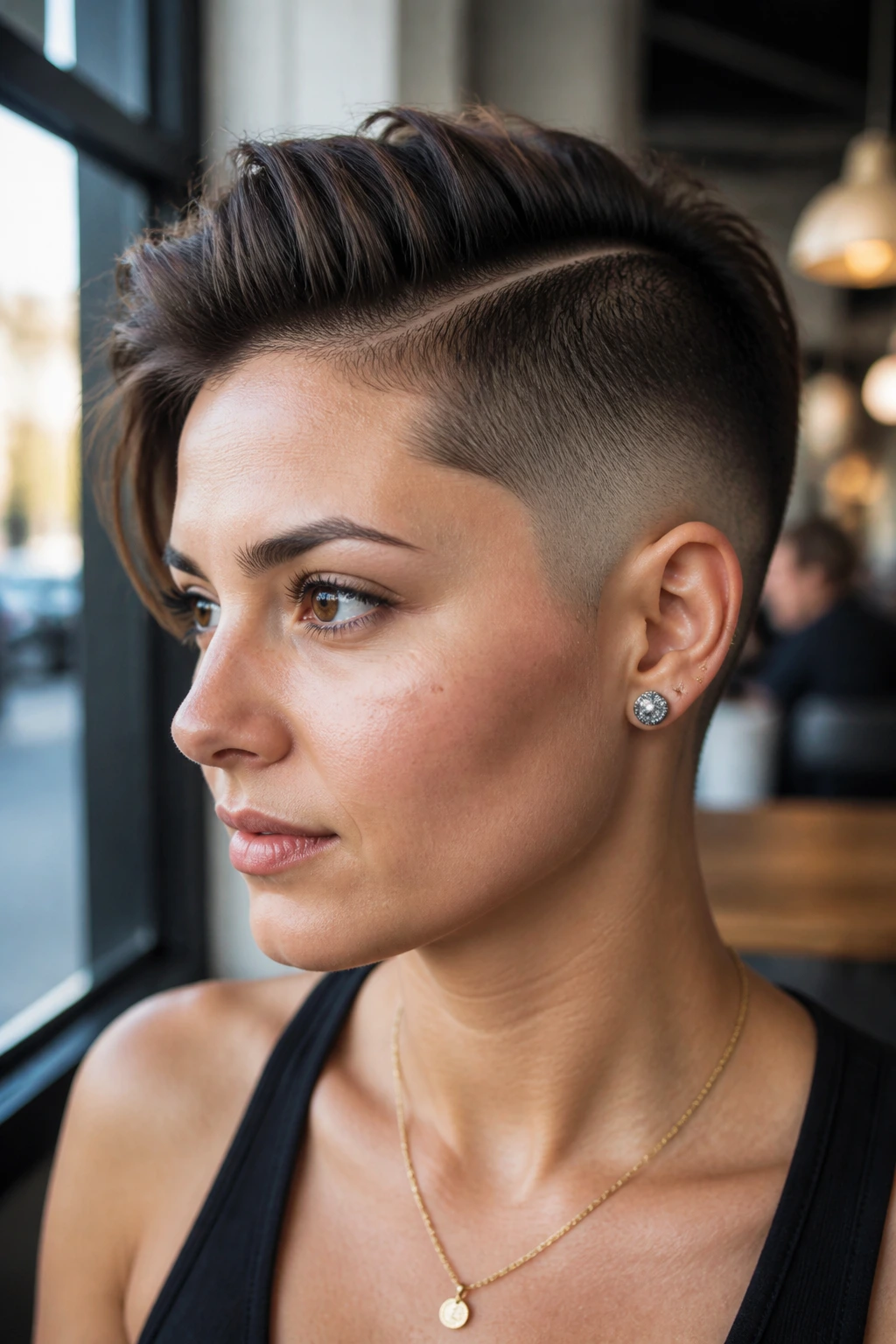 Close-up of a real woman with a sharp hard-part side fade in a cafe setting.