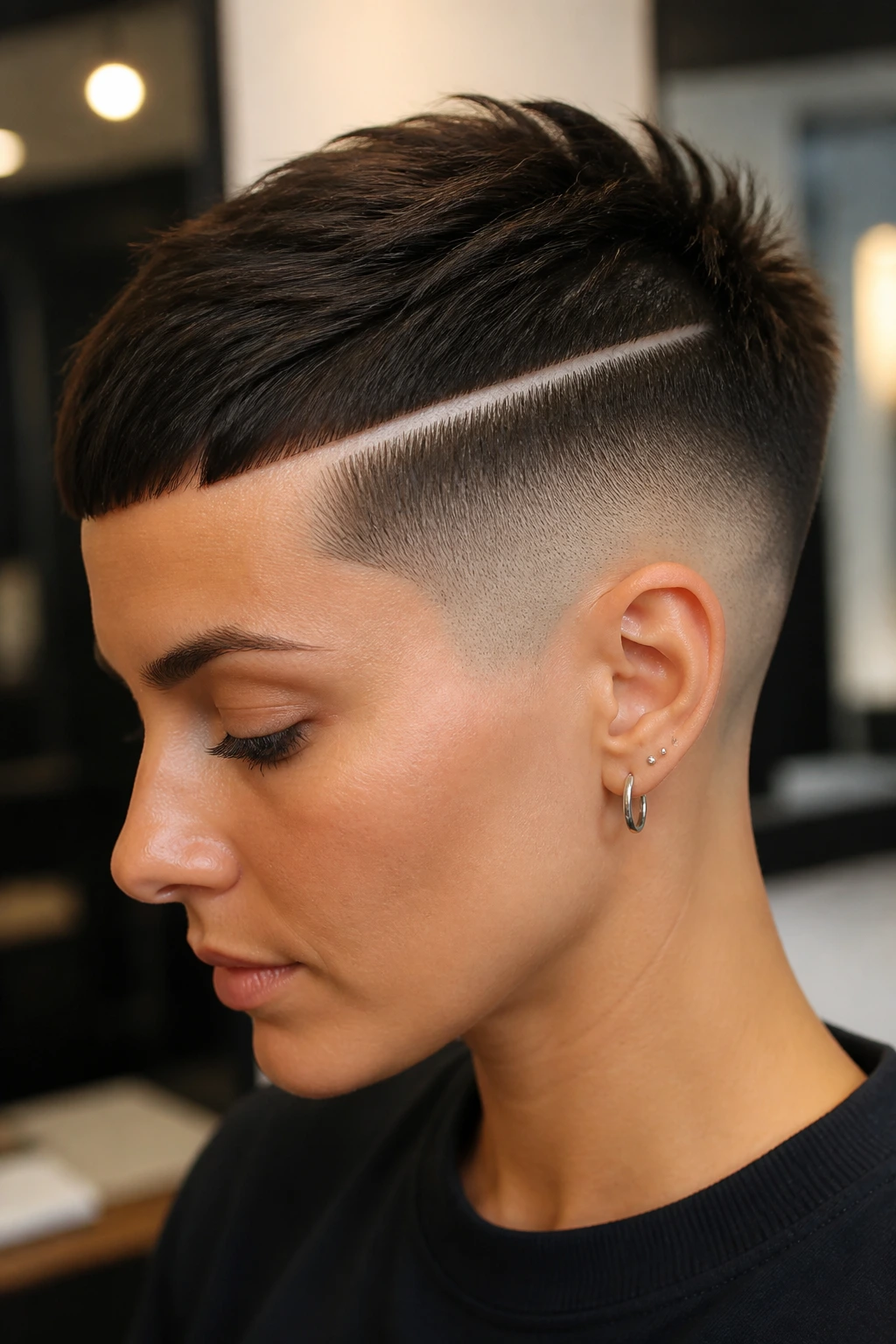 Person with hard-part crop fade and straight-edge line in salon