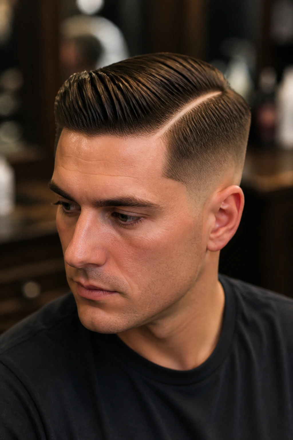 Man with hard-part comb over hairstyle