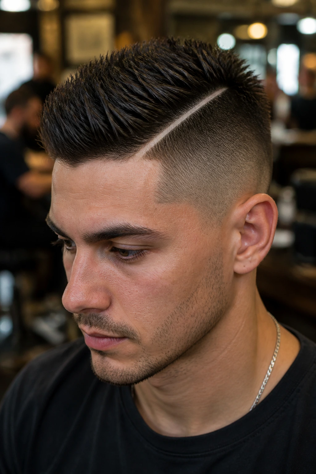 Close-up portrait of a person with a hard-part hawk hairstyle in a barber shop