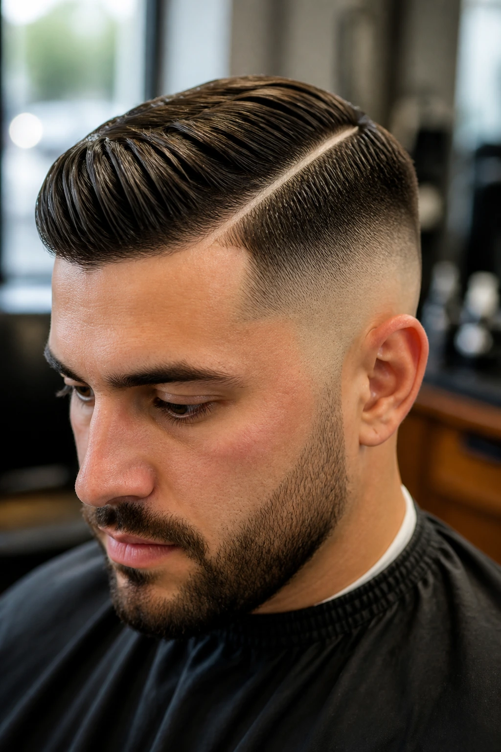 Close-up portrait of a man with a hard-part mid fade hairstyle, professional look