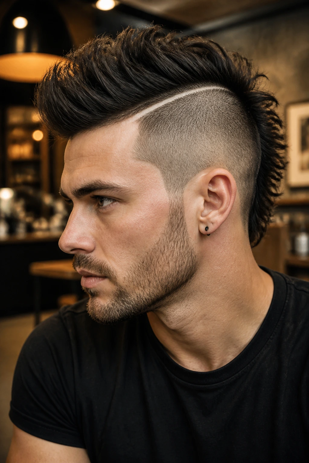 Close-up portrait of a real man with a hard-part Mohawk