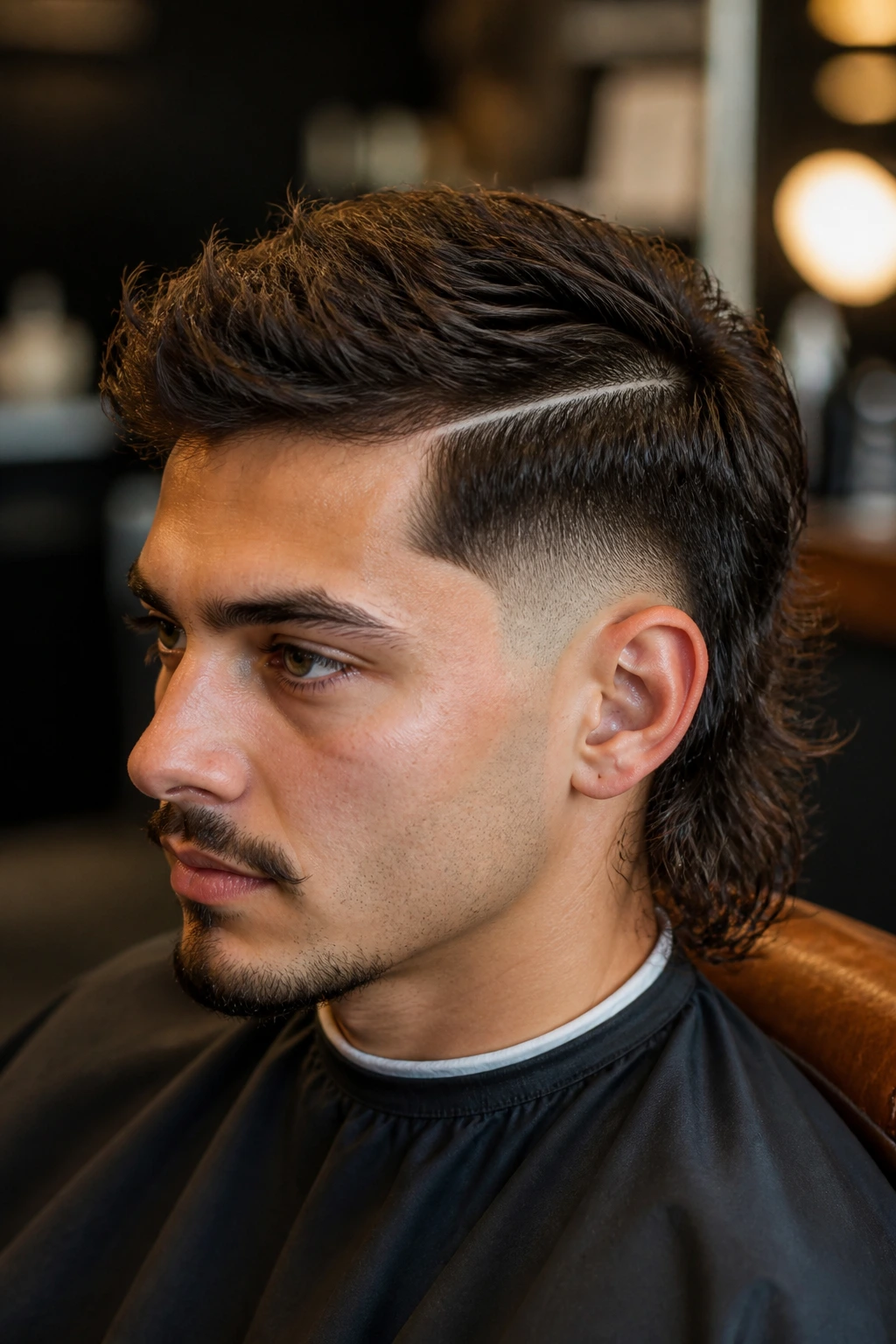 Close-up portrait of a real person with a hard-part mullet in a barbershop chair