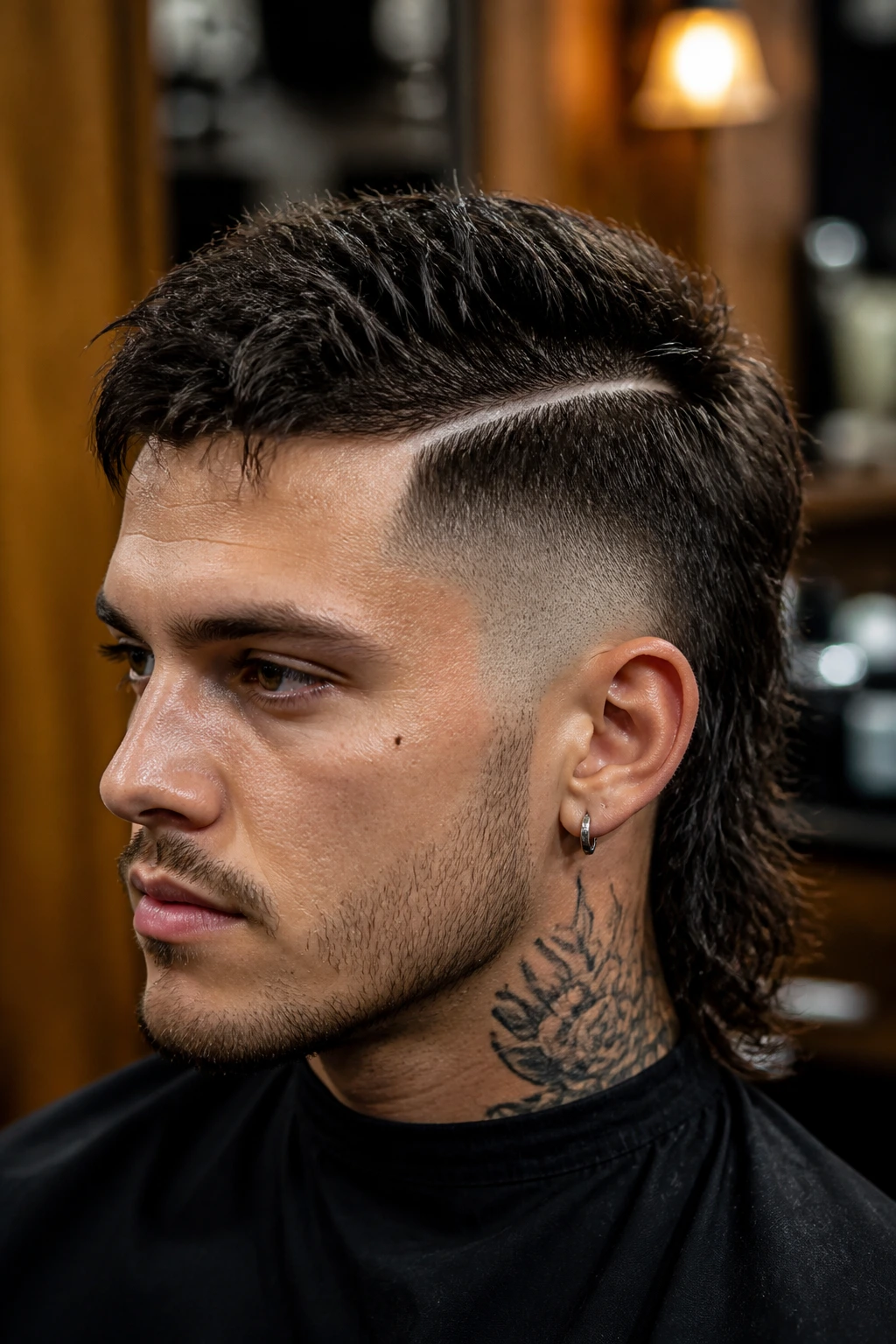 Real person close-up with hard-part mullet and sharp line in a barber shop setting.