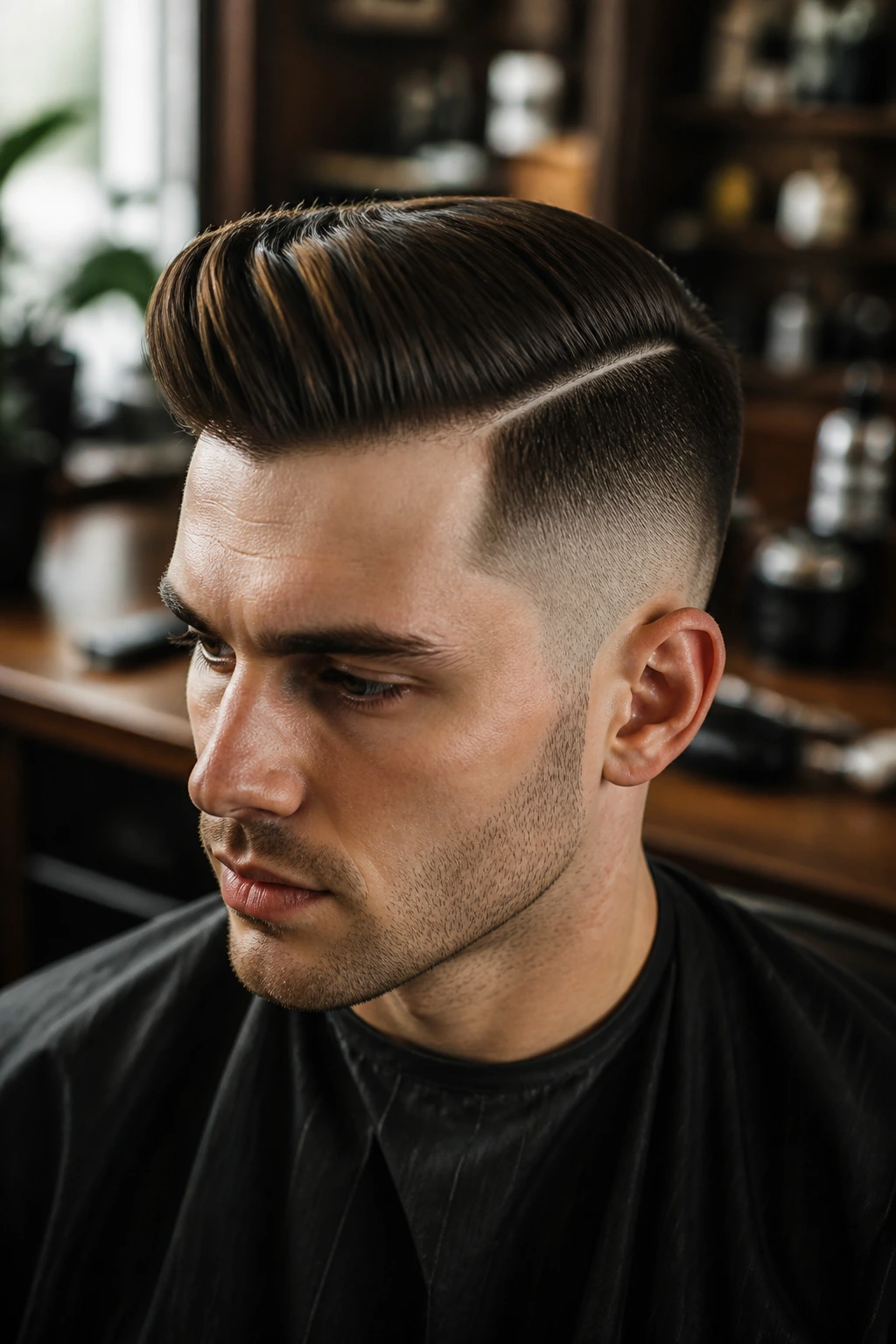 Close-up of a real man with a sharp hard-part quiff and visible razor line in barbershop lighting