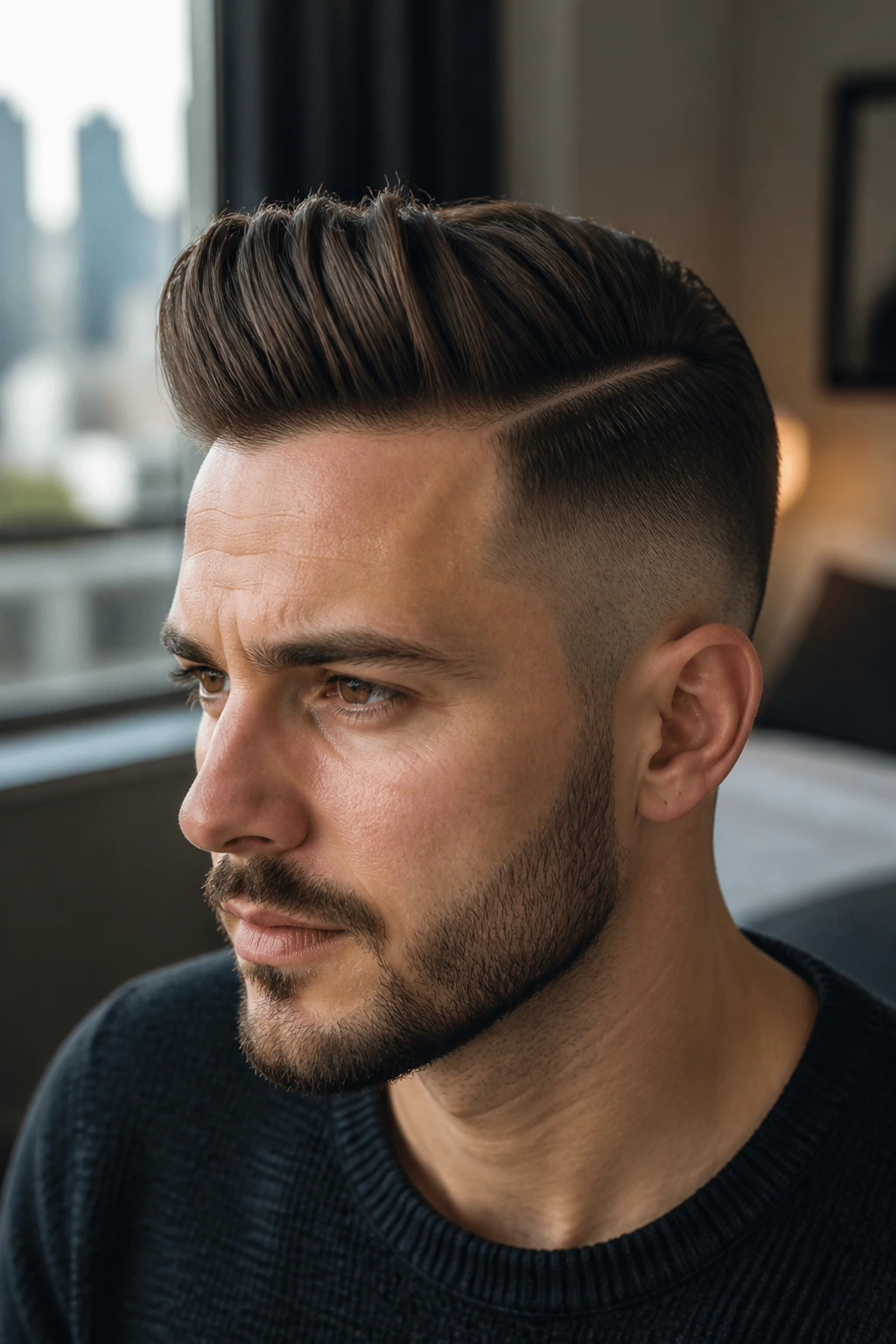 Close-up portrait of a man with a sharp hard-part quiff and shaved line