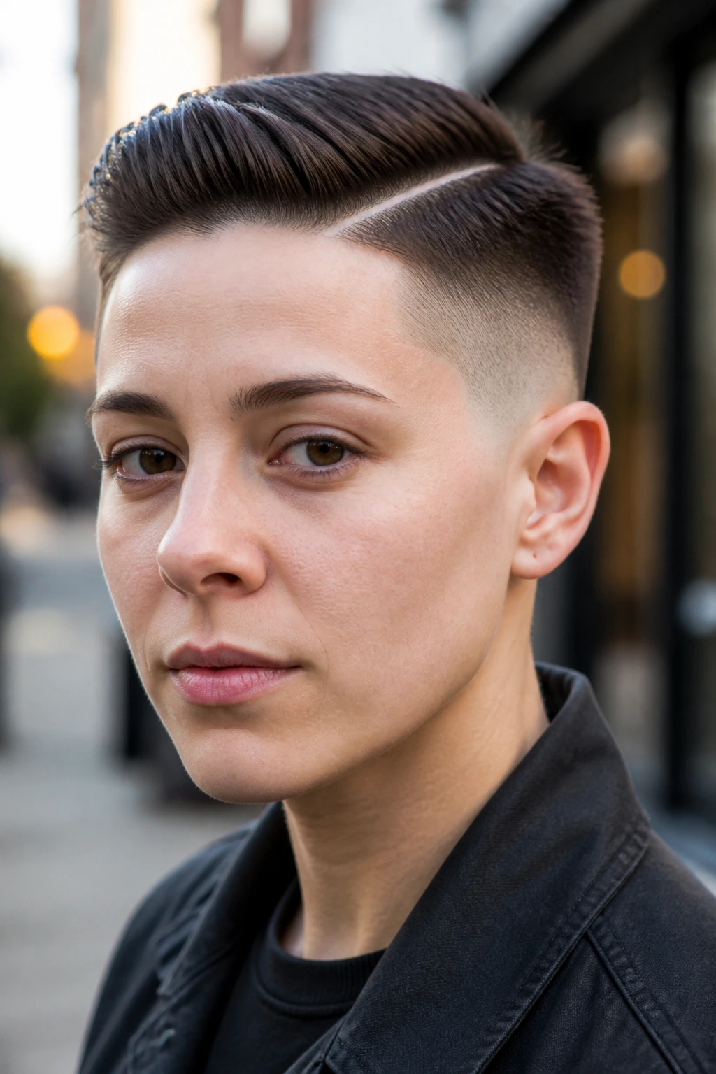 Real person with hard-part short fade hairstyle under daylight
