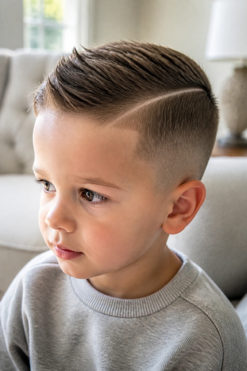 Close-up toddler head with clean hard part and short top