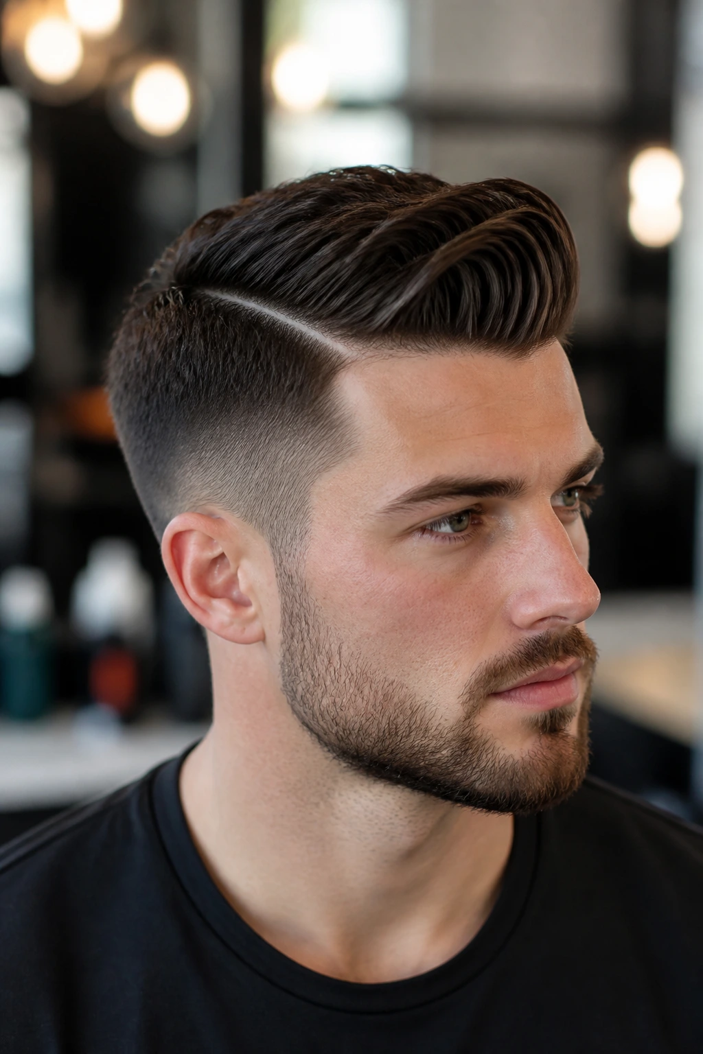Close-up portrait of a man with a hard part side-sweep hairstyle.