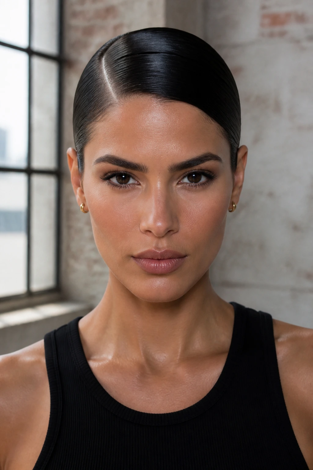 Close-up of a real woman with crisp hard-part slick-back hairstyle