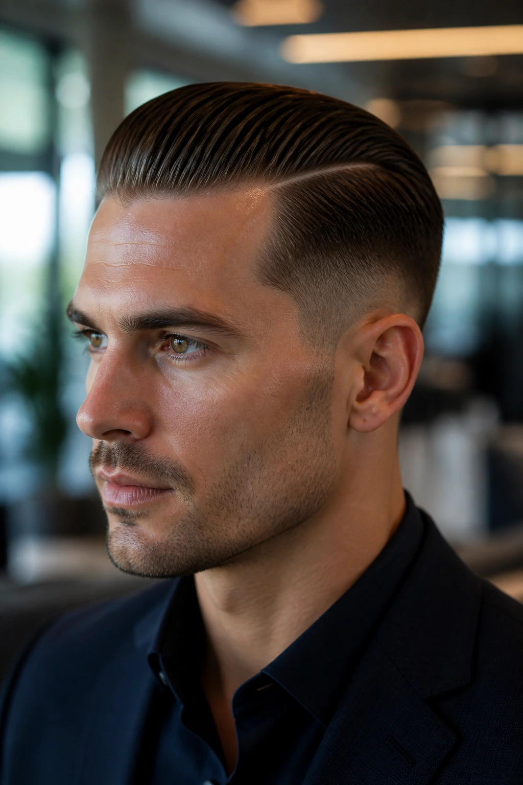 Portrait of a man with a sharp hard part and slicked-back hair in a modern office setting