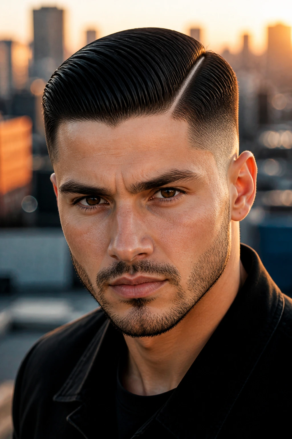 Portrait of man with hard-part slick comb over hairstyle