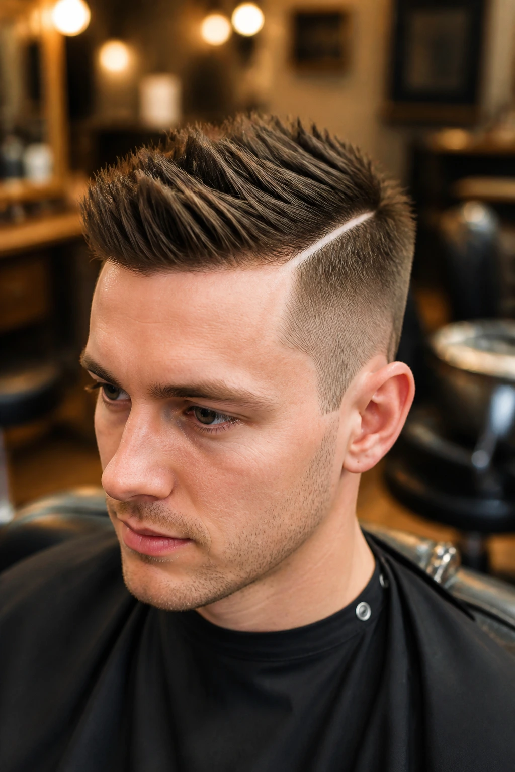 Close-up of a man with hard part spike style in a stylish barber shop setting.