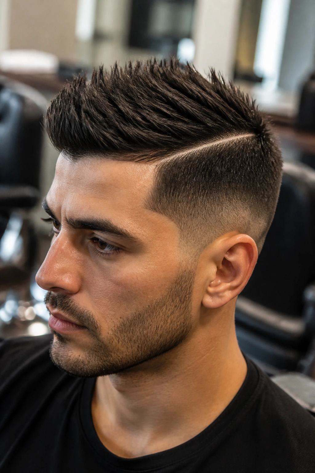 Man with crisp hard-part line and spikes
