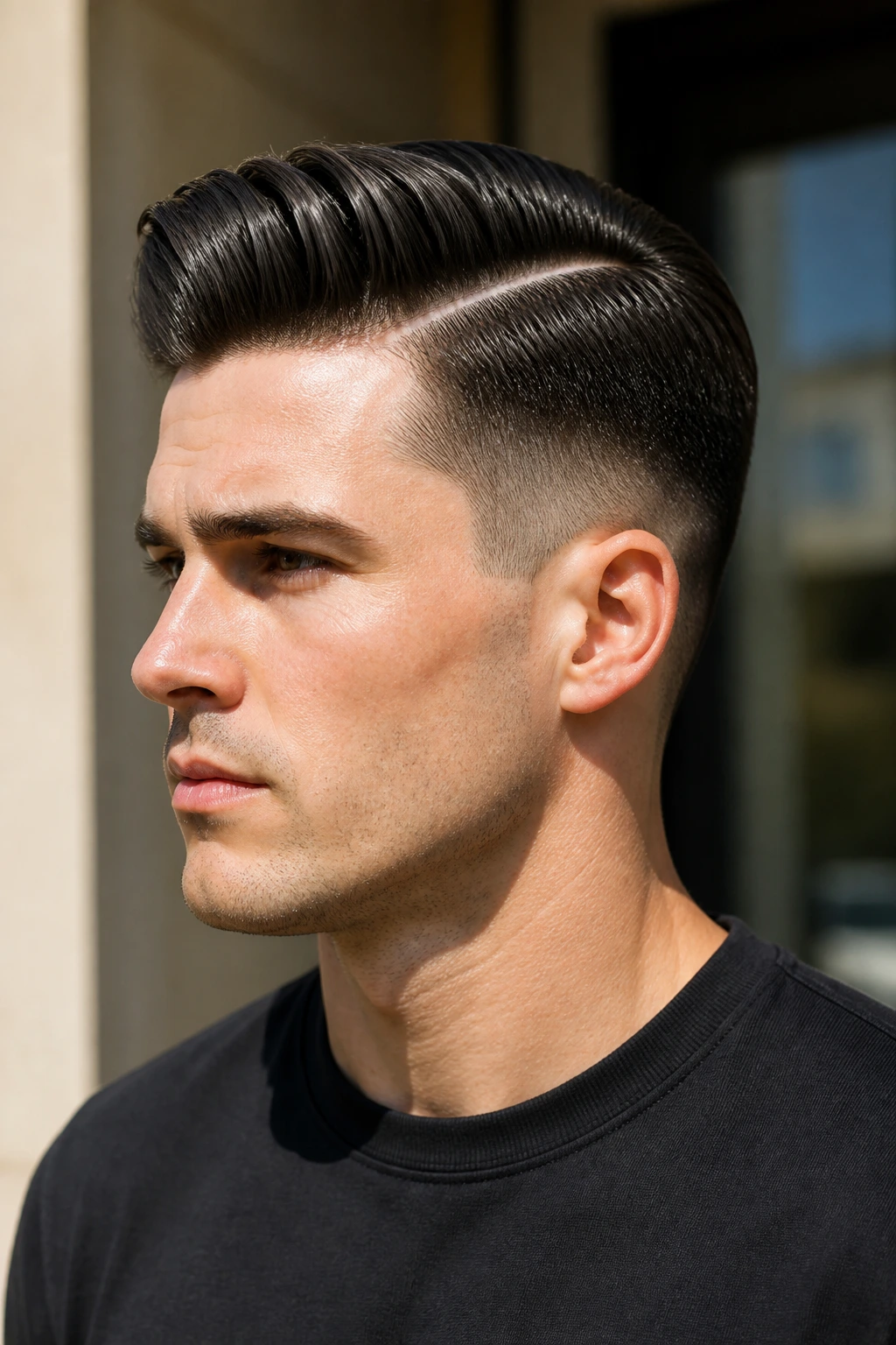 Close-up of a man with a crisp hard part swept hairstyle