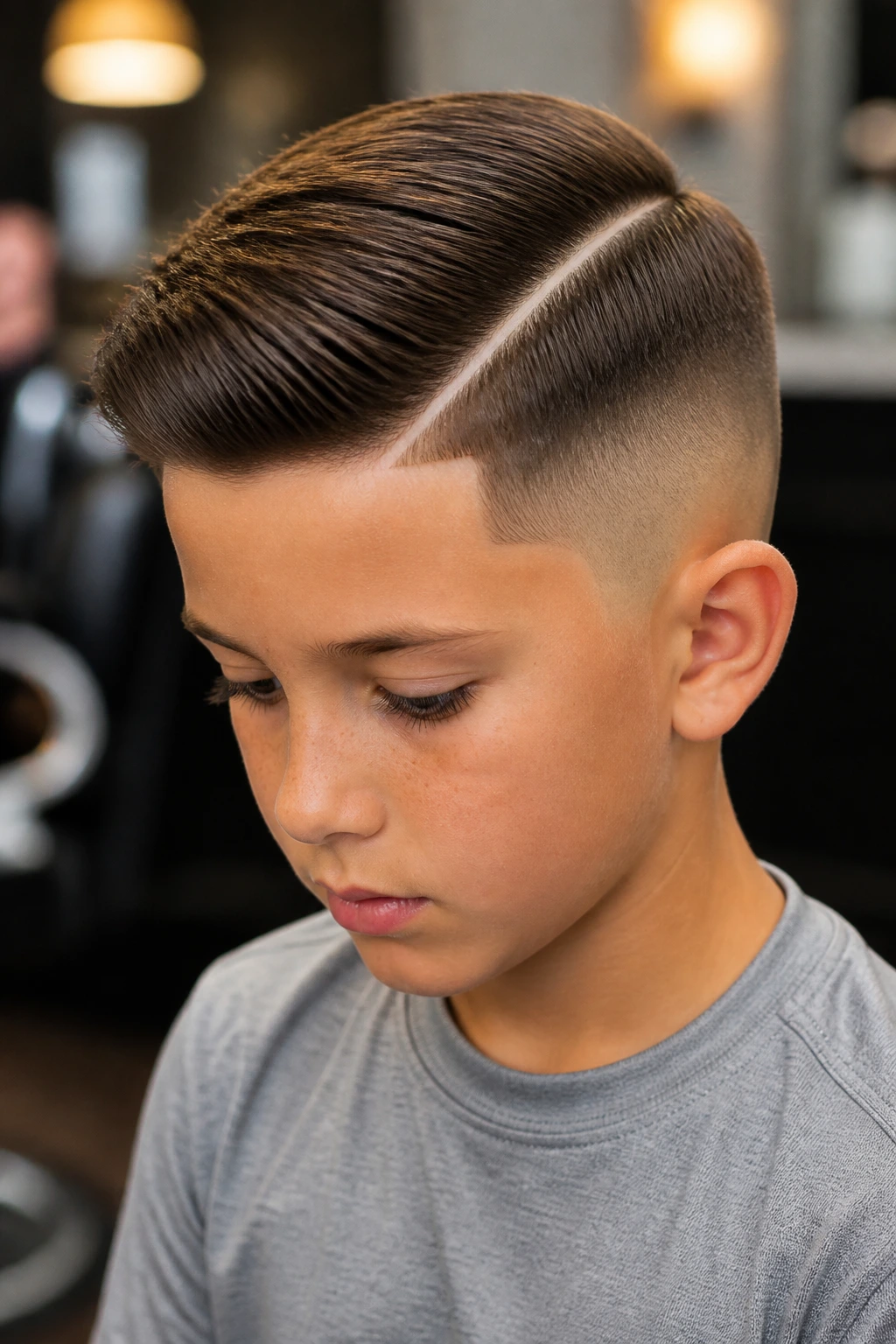 Close-up of boy with hard part taper showing a sharp part line.