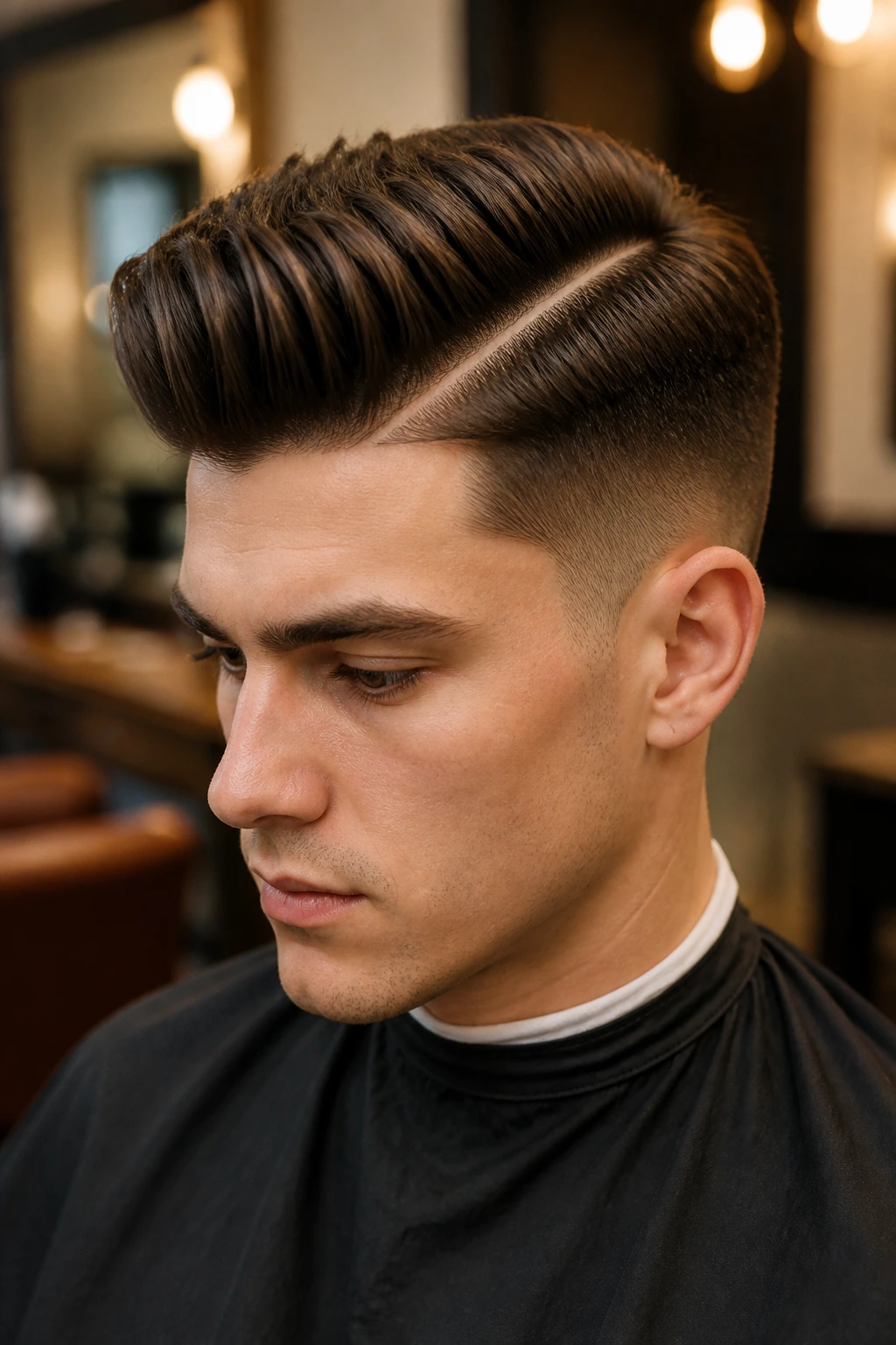 Real person with a hard part and voluminous top, tapered sides.