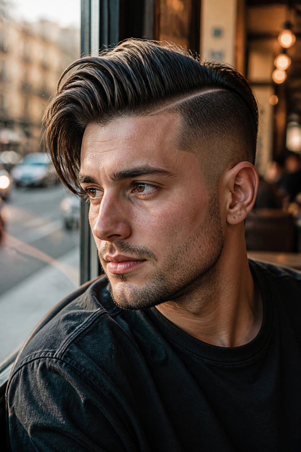 Portrait of a person showing a pronounced hard part and heavy top hair.