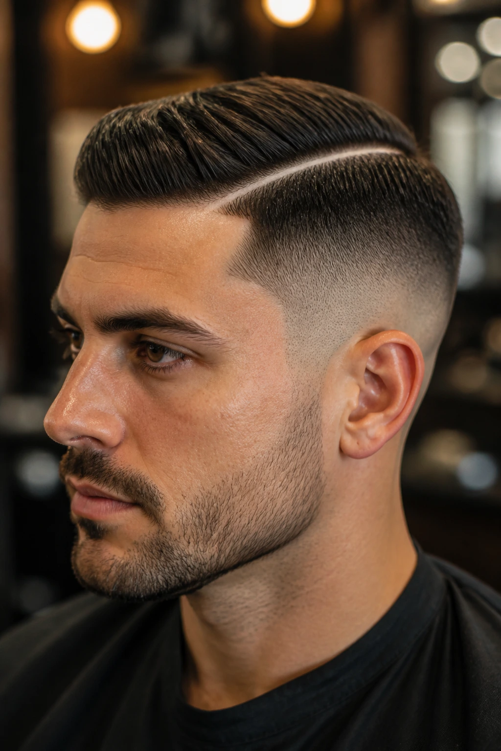 Close-up portrait of a man with a sharp hard side part and mid fade in a barbershop.