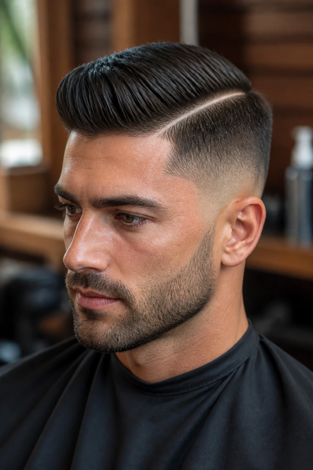 Close-up portrait of a man with a hard-part haircut and short tidy beard