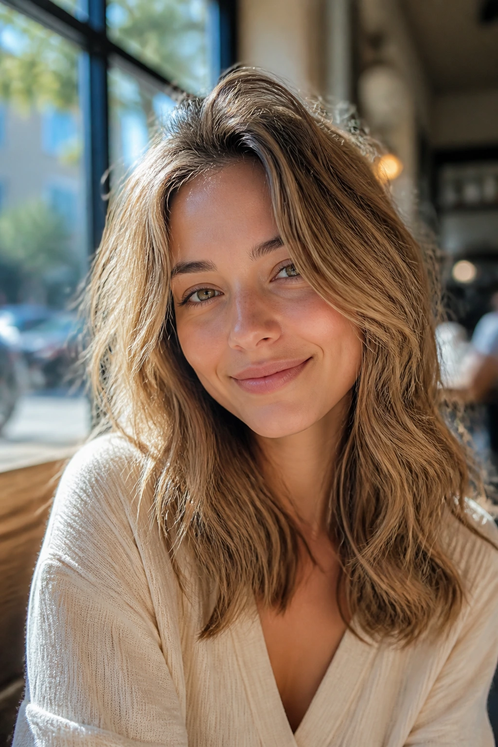 Close-up of a real woman with hat-friendly waves after removing a hat
