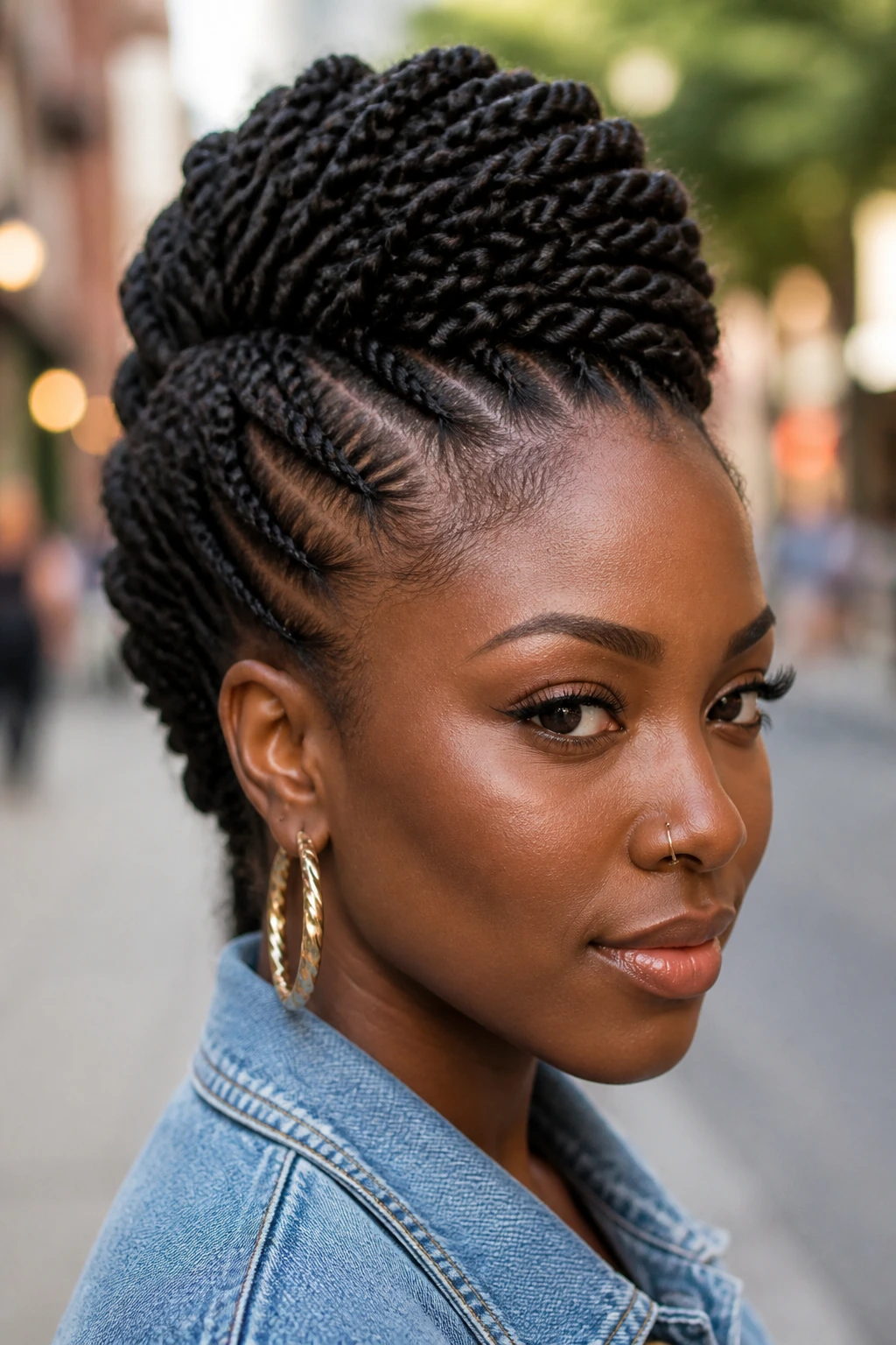 Close-up of a real woman with Havana twist mohawk hairstyle
