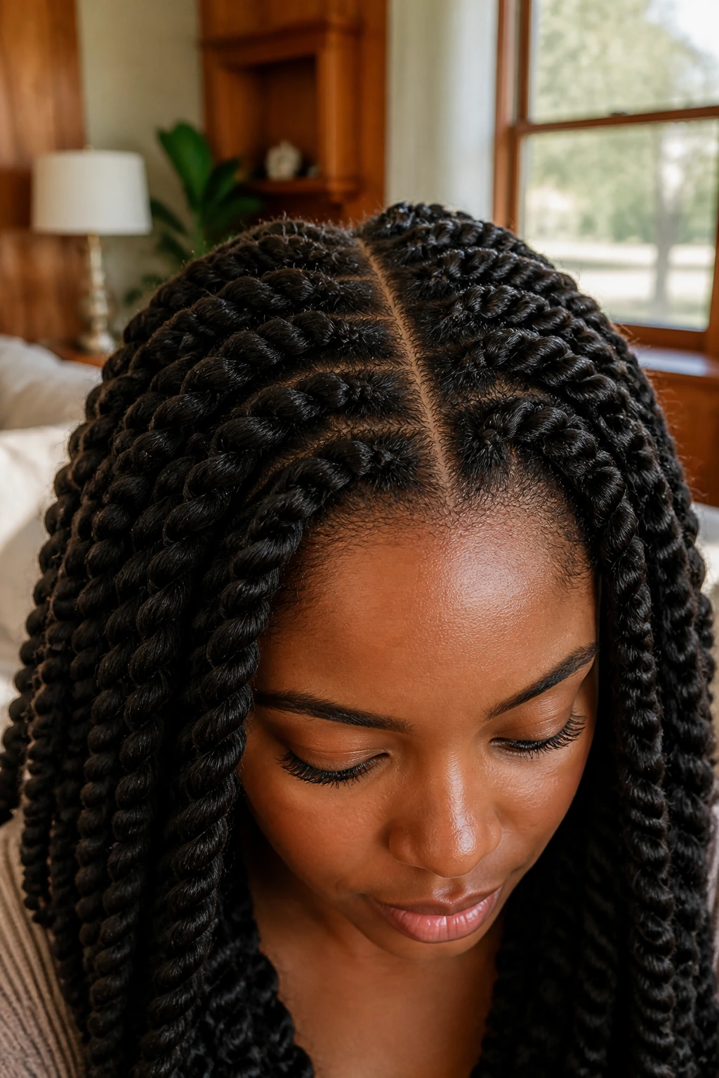 Close-up of a real woman showing clean Havana twists and a crisp center part.