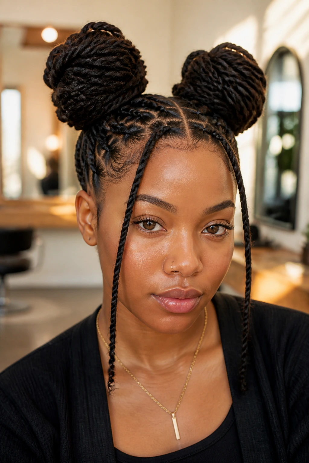 Close-up portrait of a real woman with two high Havana twist buns and crisply parted center sections.