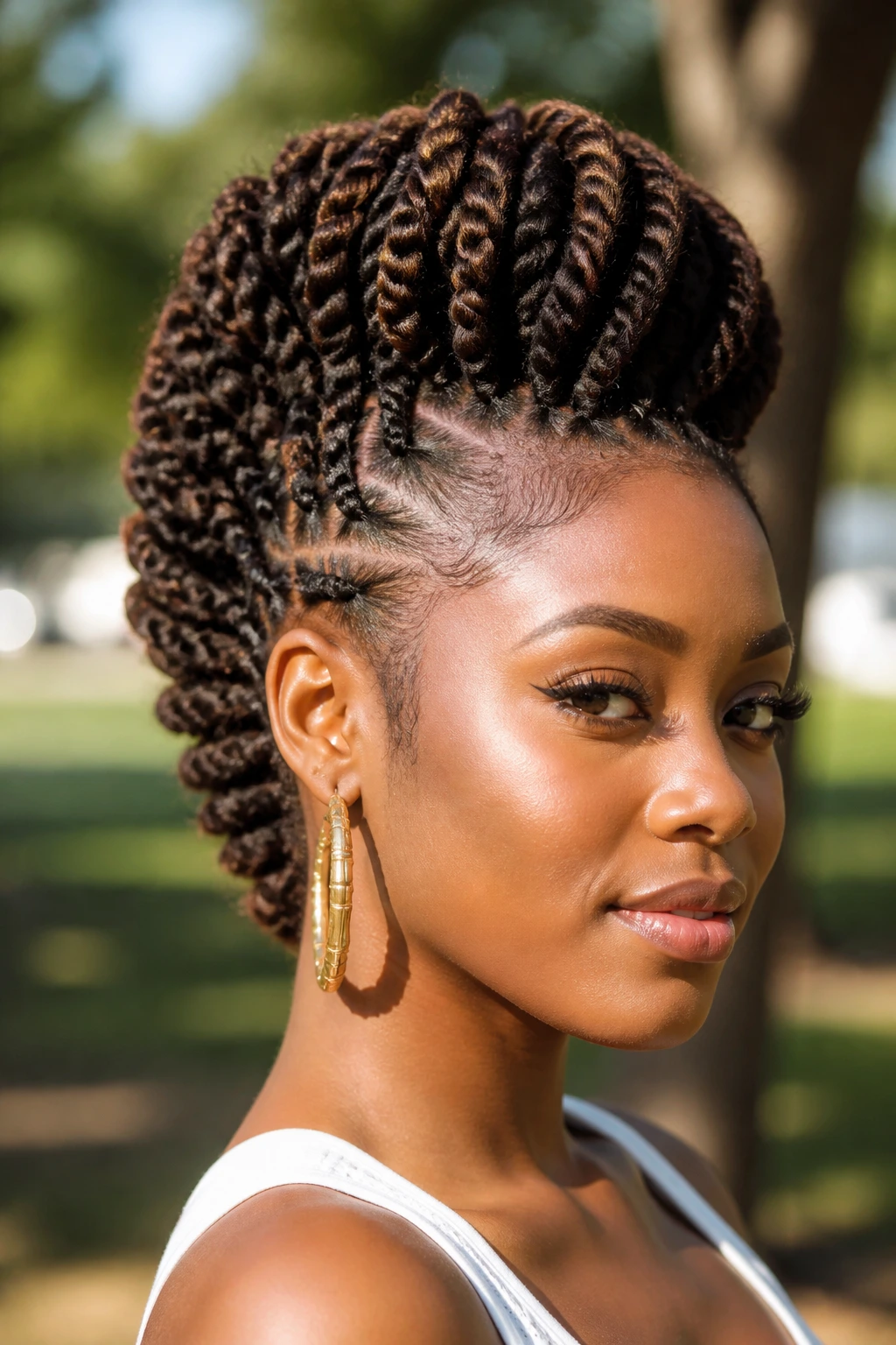 Close-up of a real woman wearing Havana twists mohawk.