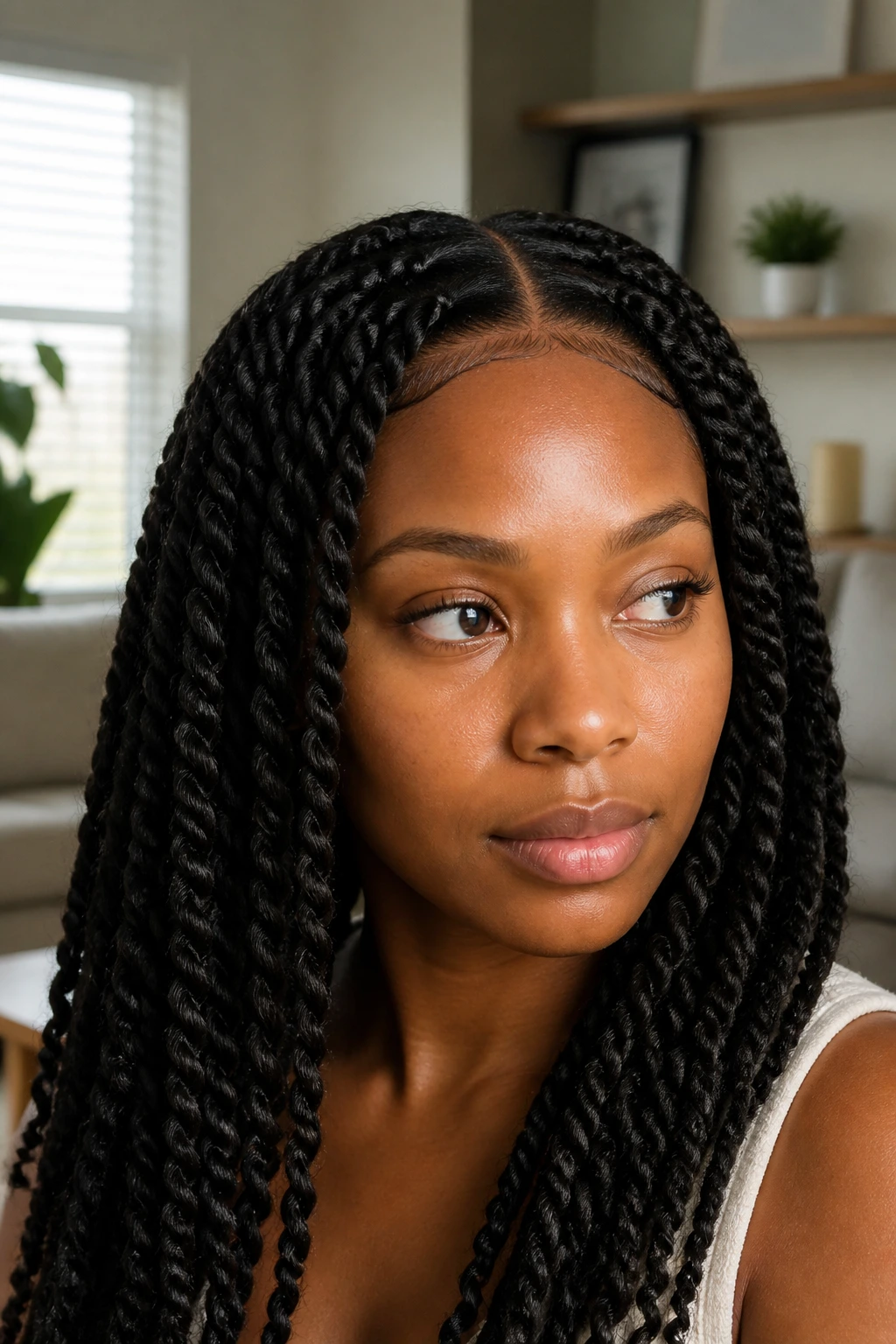 Close-up of a real woman with Havana twists showing rope texture and middle part
