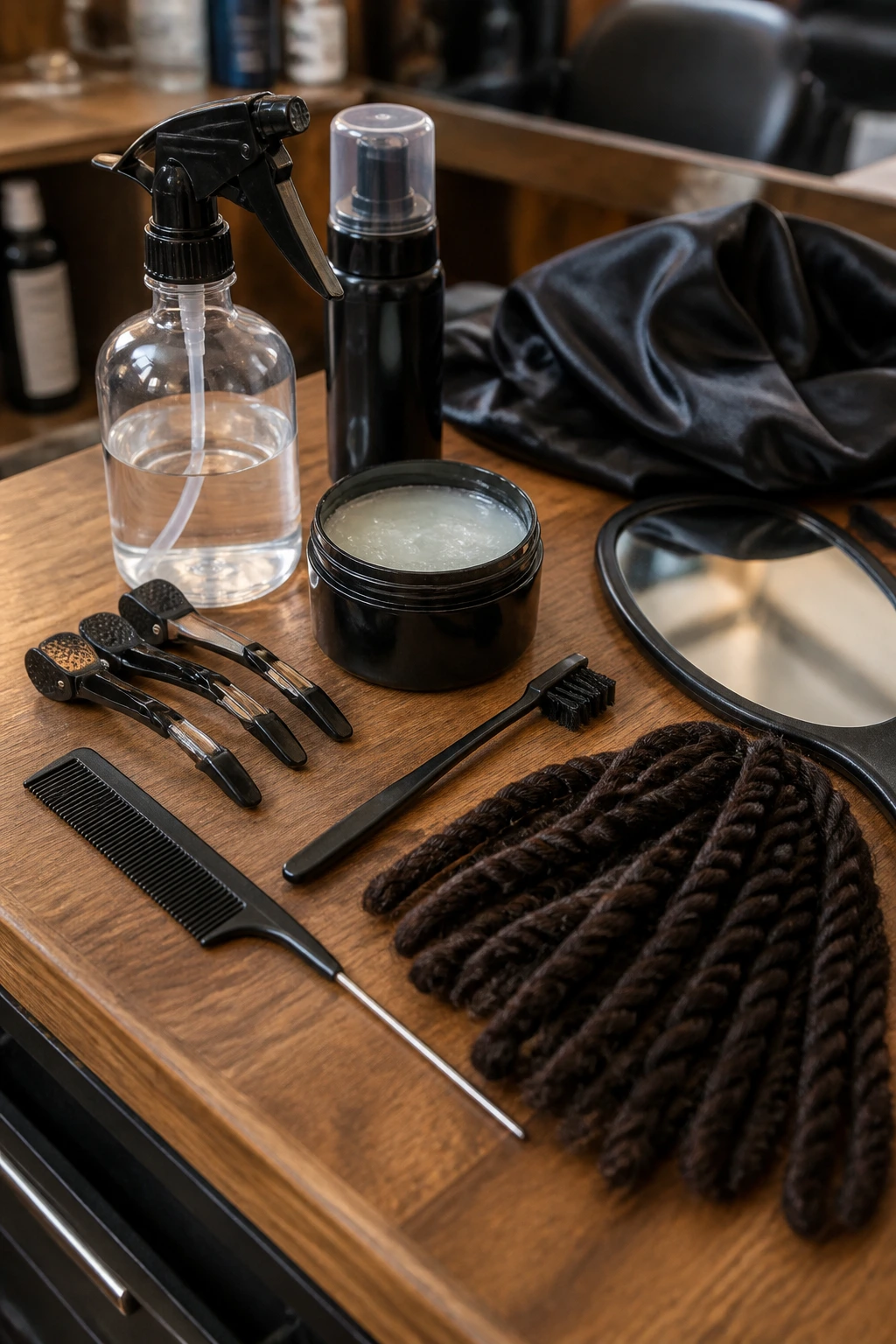 Close-up of Havana twist install tools arranged on a wooden surface showing combs, clips, spray bottle, mousse, gel, extensions and scarf