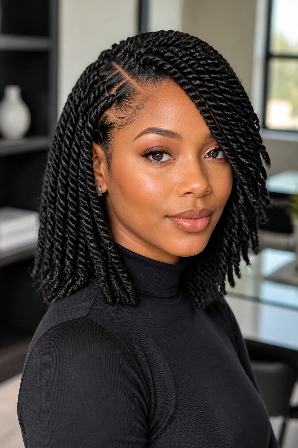 Person with shoulder-length Havana twists in a neat side-part