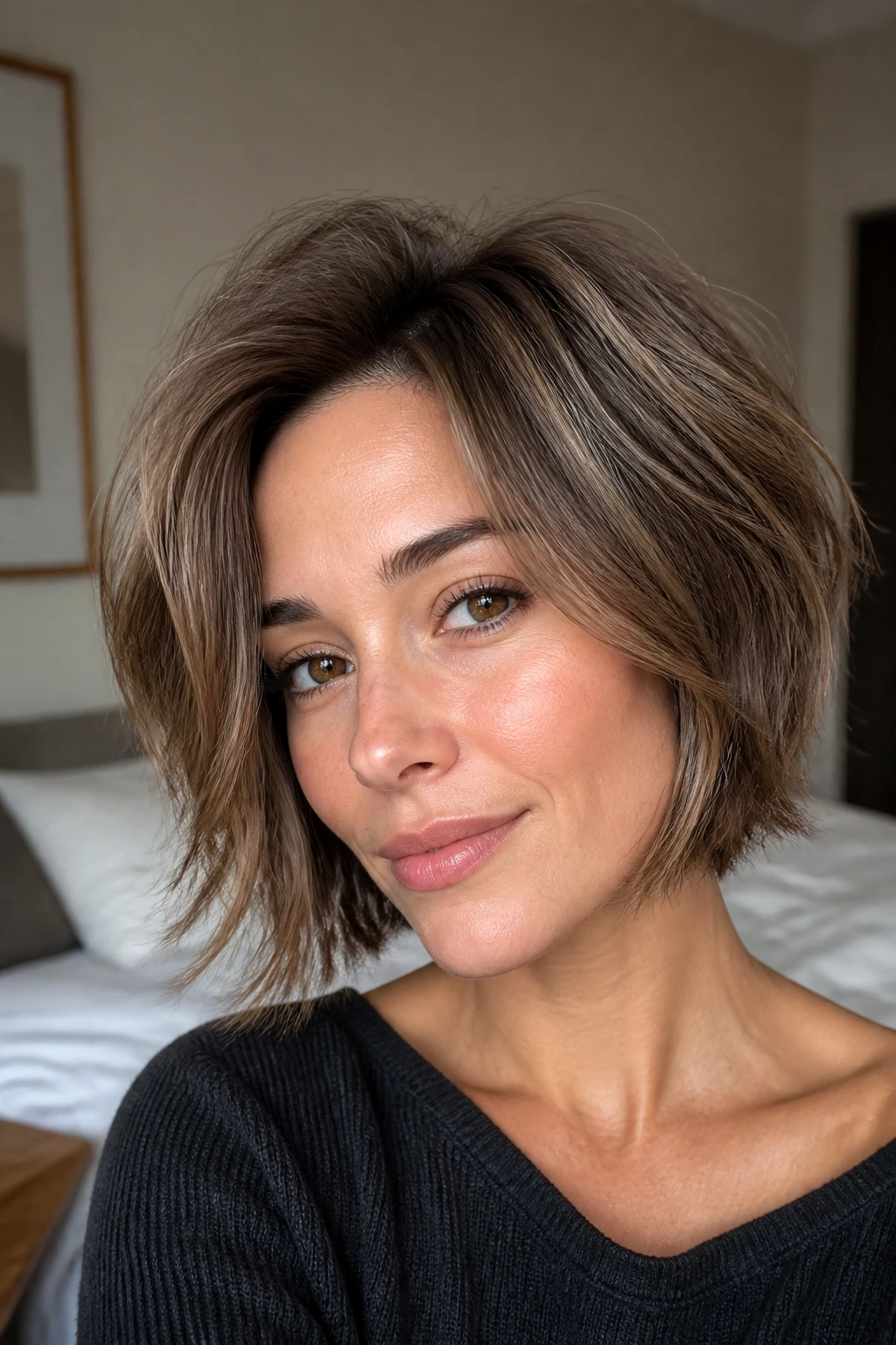 Close-up of hazel brown textured bob on a real woman, lit by natural window light.