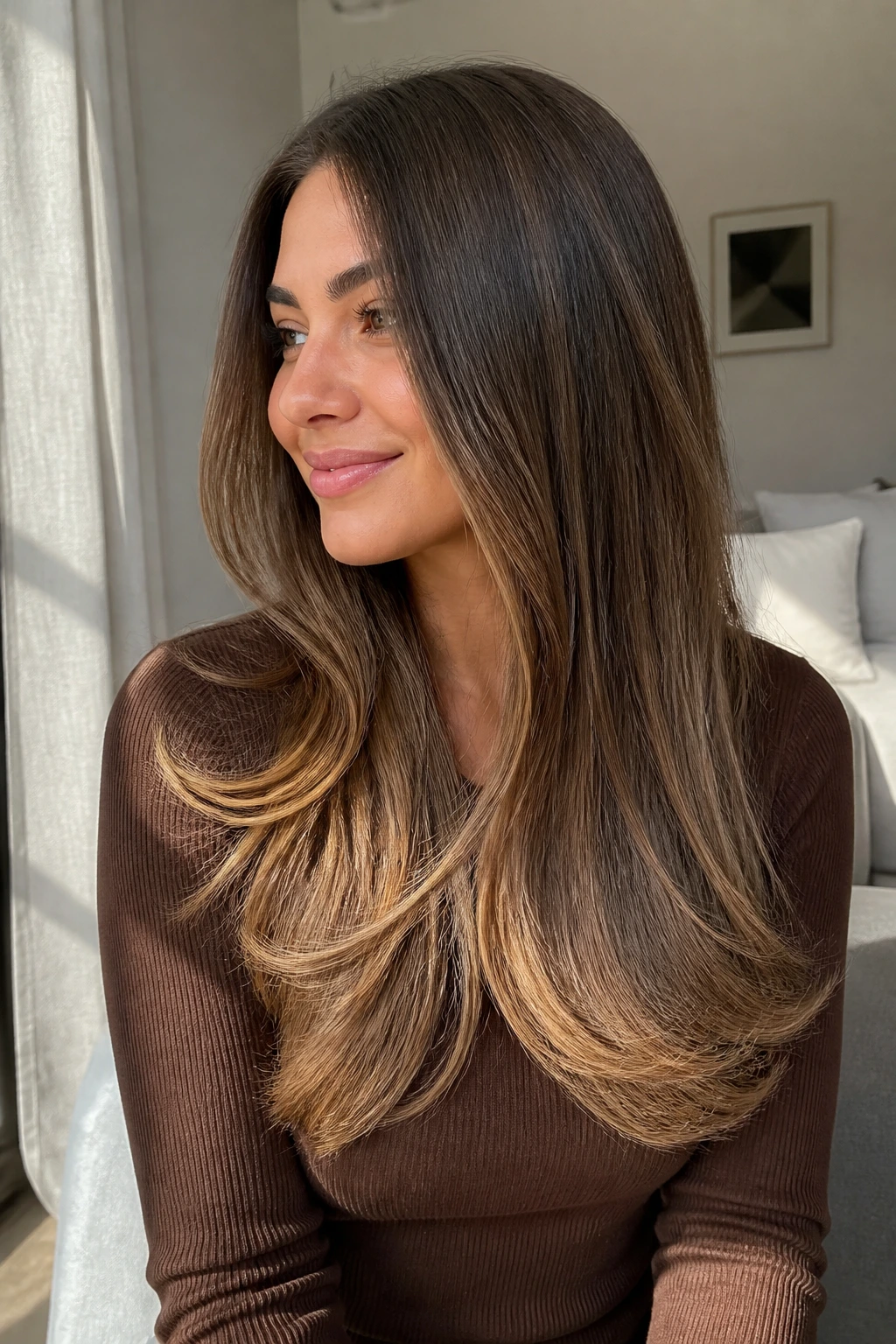 Shoulder-length hazelnut balayage with airy lighter ends on a real person.