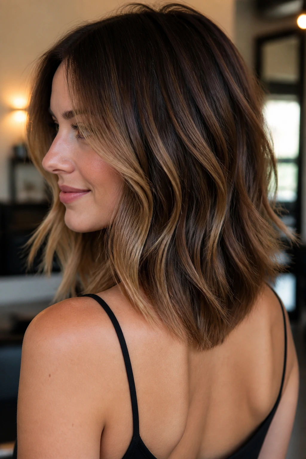 Close-up of a real woman with hazelnut balayage and a mid-length V-cut showing the back silhouette.
