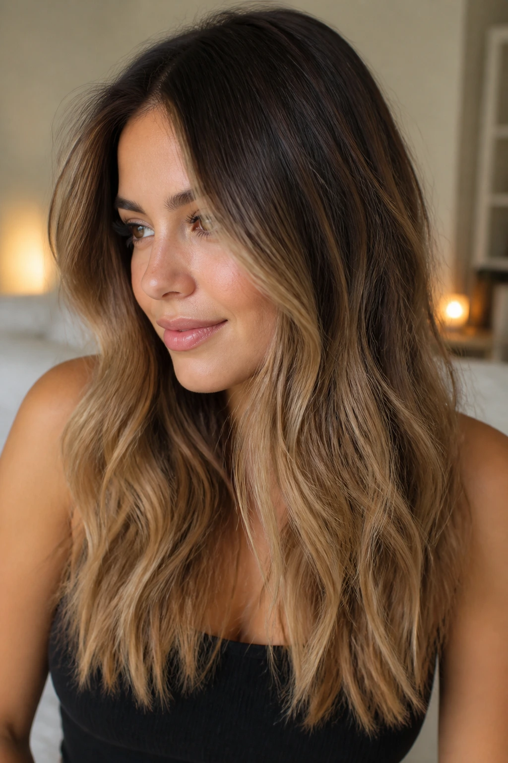Close-up portrait of a real woman with hazelnut beige ombre hair in warm window light