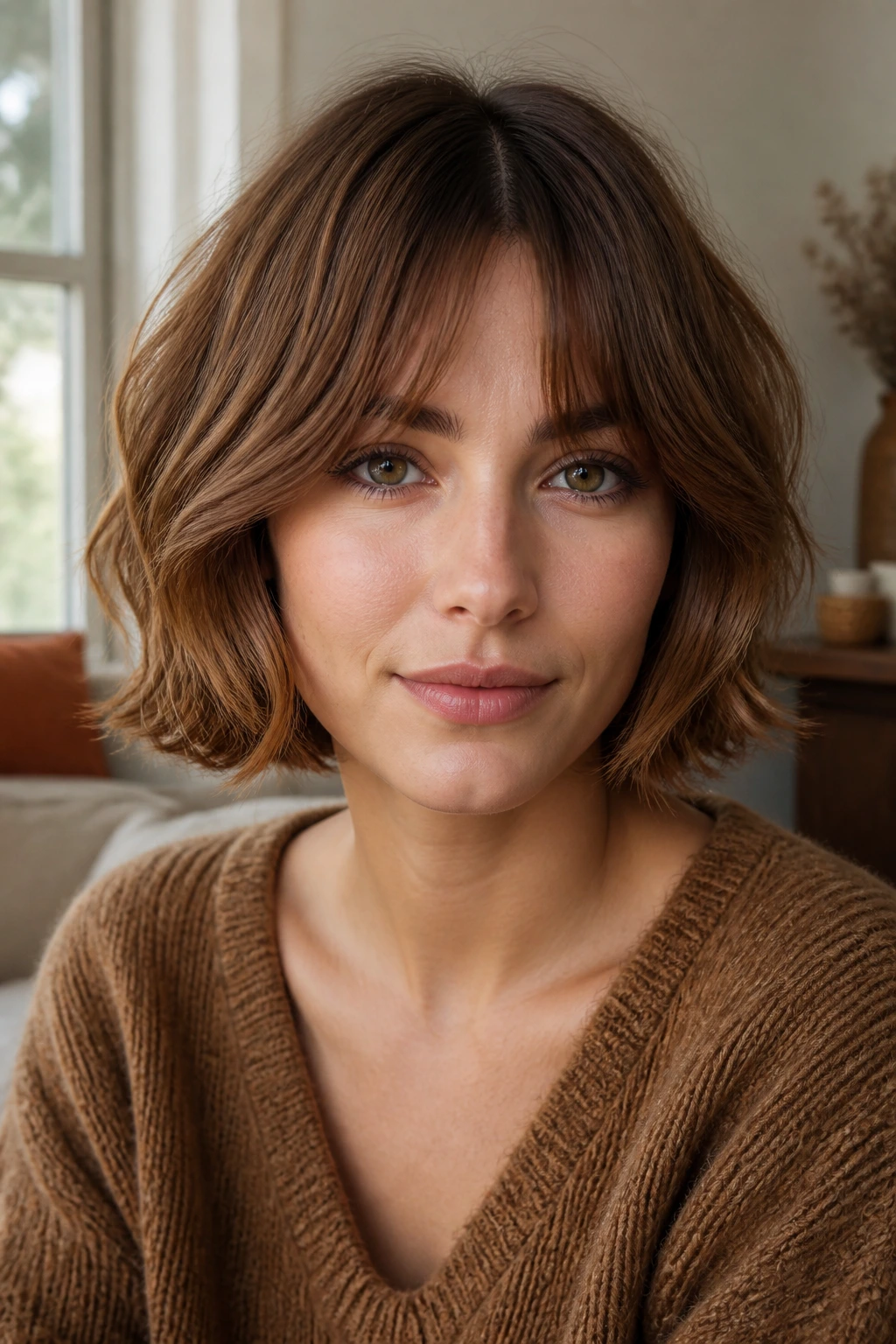Hazelnut brown bob with curtain bangs framing the face in soft light.
