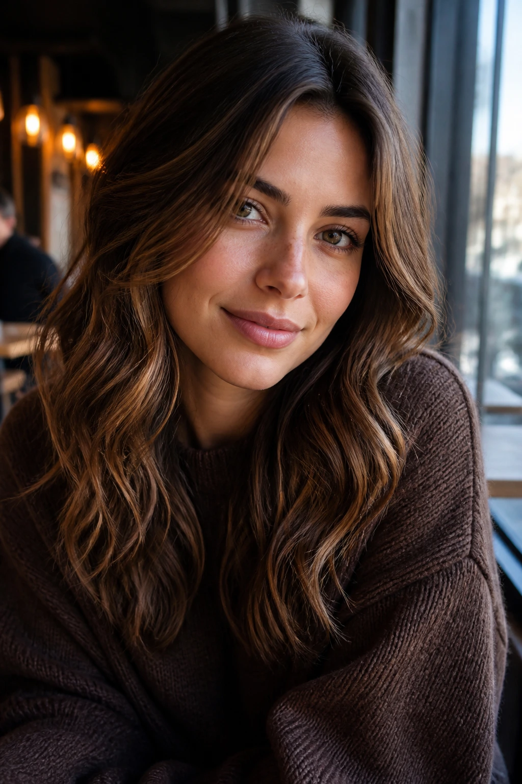 Close-up of hazelnut brunette hair with subtle golden lowlights