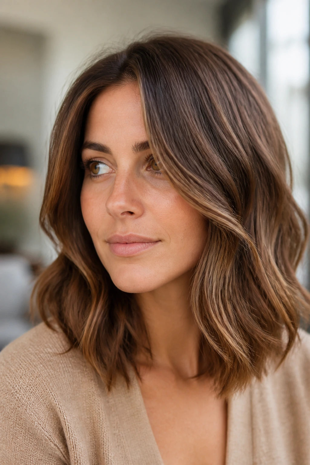 Close-up of hazelnut brown hair with micro-highlights on a real person