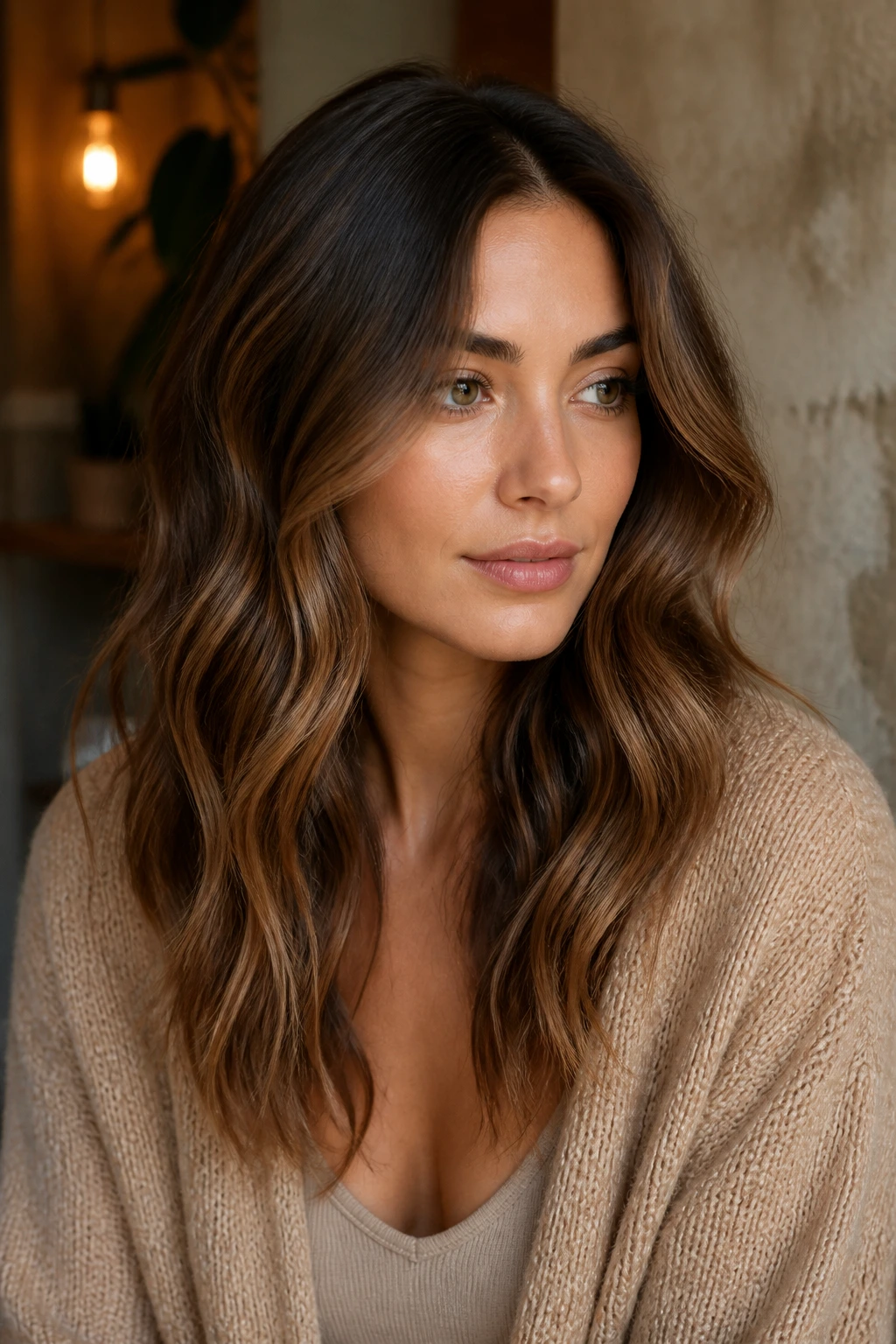 Medium close-up of a woman with hazelnut waves and shadow root