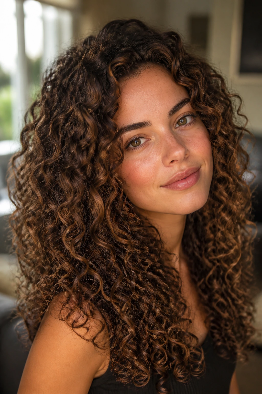 Close-up portrait of hazelnut brunette curls on a real person in warm window light