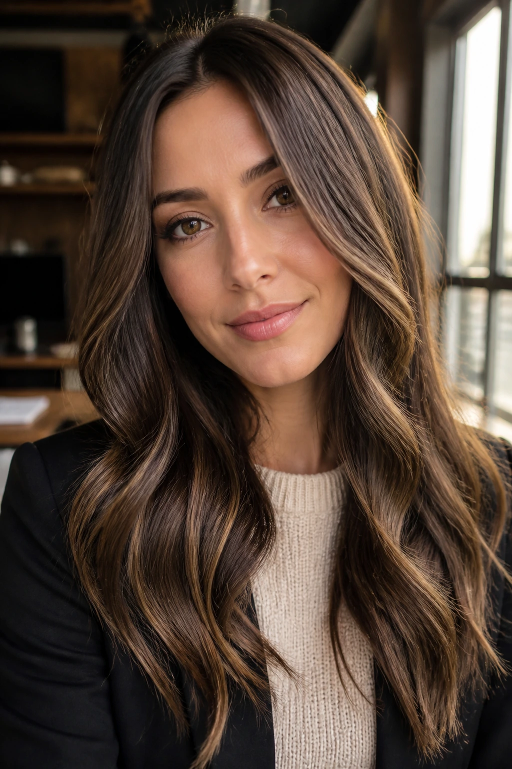 Close-up portrait of a real woman with hazelnut chocolate dimension hair in warm office light