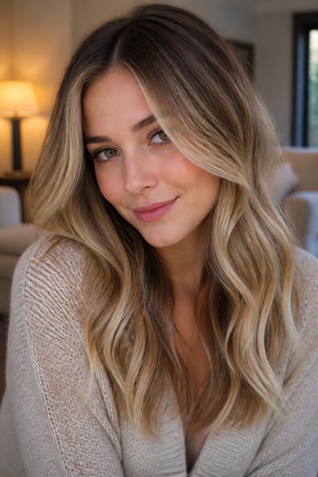 Close-up portrait of a real person with Hazelnut Cream Melt hair featuring hazelnut root, cream-beige mids, luminous ends.
