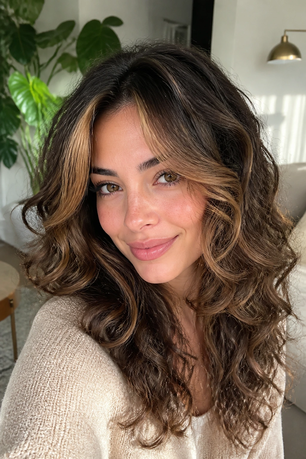 Hazelnut face-framing pieces on layered curls on a real woman