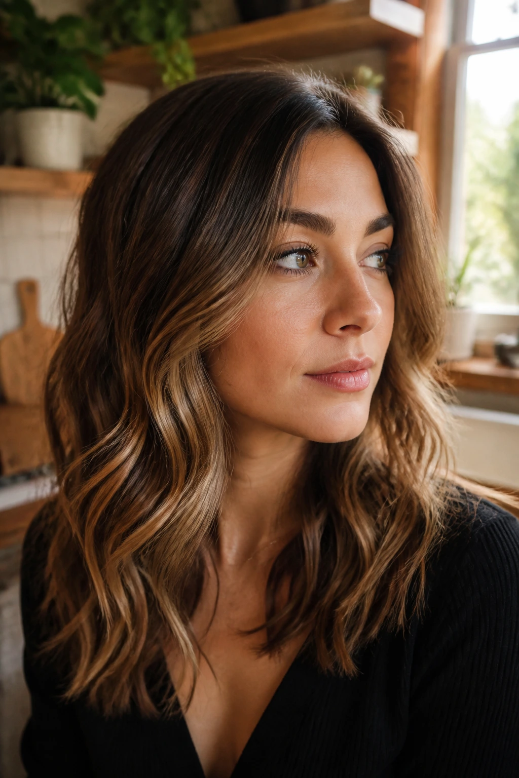 Close-up of brunette with hazelnut foilyage highlights